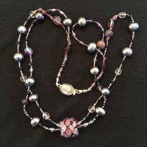 Handmade Glass Bead and Pearl Necklace with Amethyst and Sterling Silver clasp